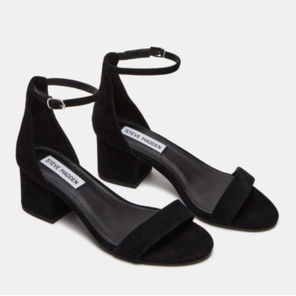 Steve Madden Women's Irenee Block Open Toe Sandal, Black Suede